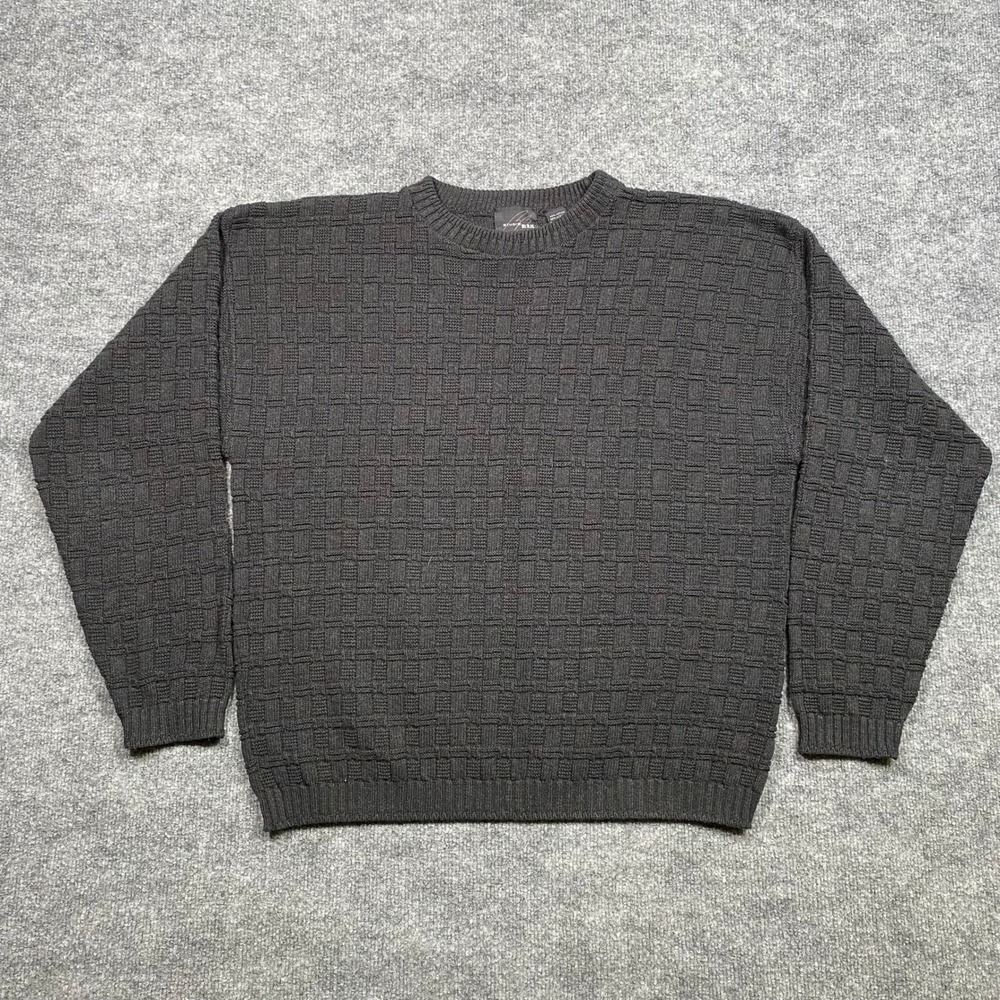 Studio Bill Blass Mens Large Charcoal Grey Basketweave Textured Knit Sweater USA